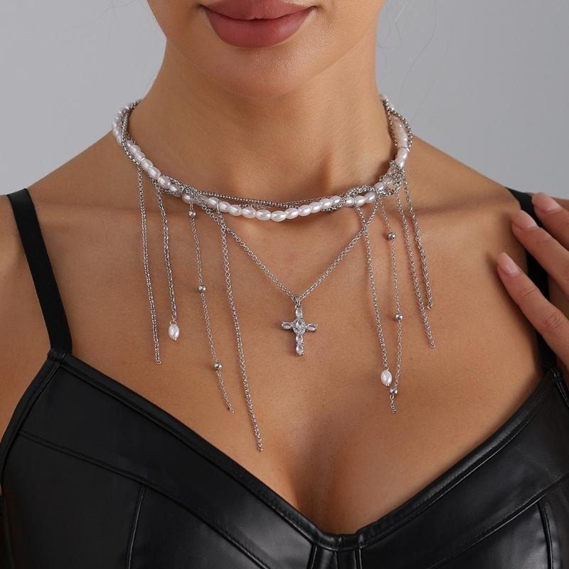 Stylish Faux Pearls Dangle Tassels Necklace Crucifix Pendant Trendy Clavicle Chain Accessory For Casual or Formal Outfits