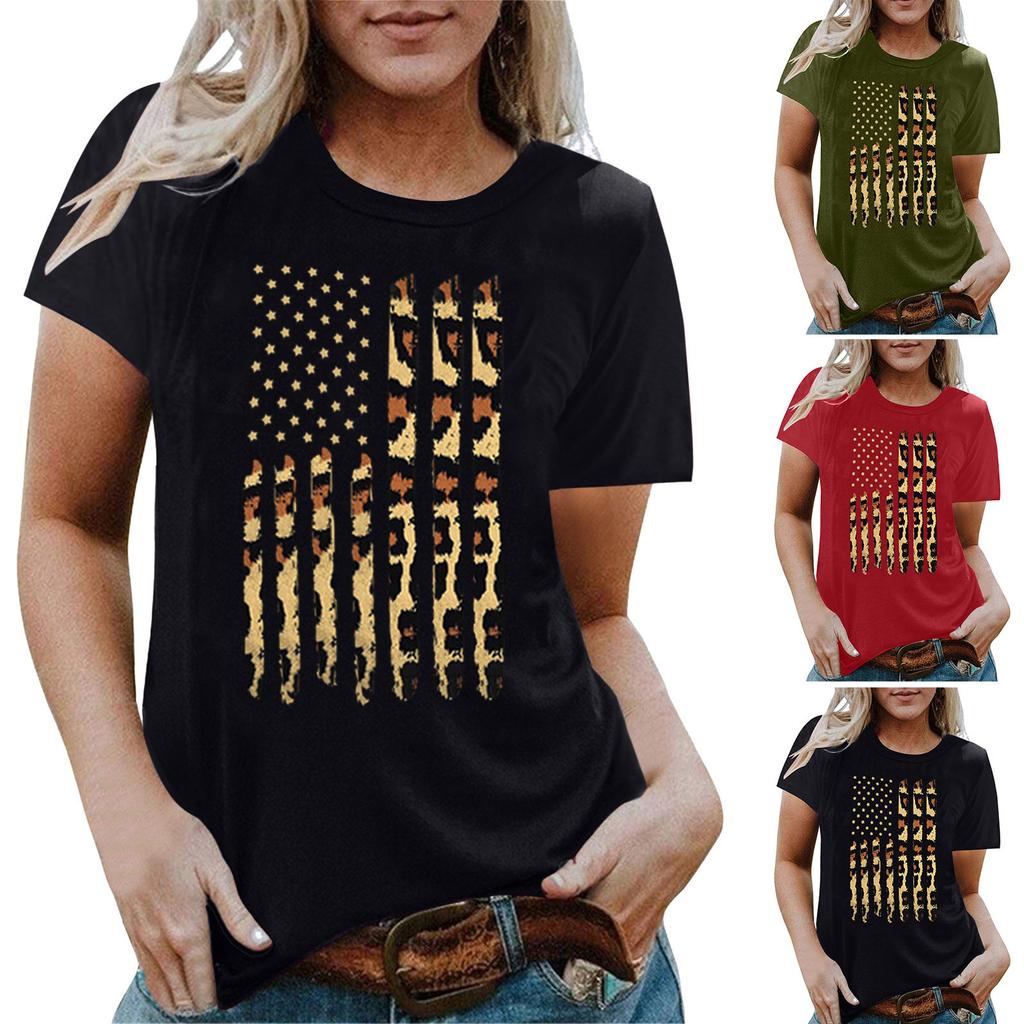 Real Shot Amazon Independence Station Cross-border European, American Independence Day Printed Short Sleeve Top Women's Summer Outer Bottom Shirt