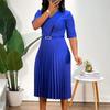 Women Solid Color V Neck Pleated High Waist A Line Mid Length Dress With Belt