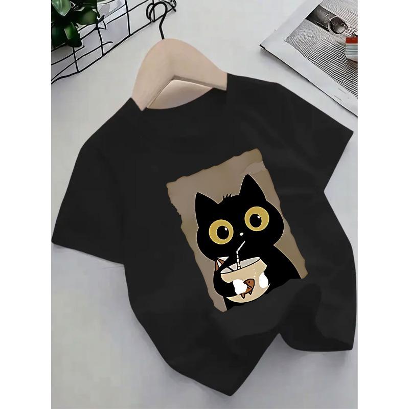 Taglie Europee T-shirt Carina da Ragazza con Stampa Tazza da Caffè - Top Estivo Morbido a Maglia con Scollo Tondo, Outfit Casual Quotidiano e da Festa per Giovani,