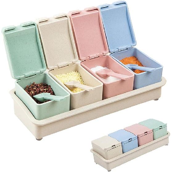 Condiment Containers with Lid and Spoon,Seasoning Box Condiment Jars with Spoons Seasoning Container for Kitchen and Home,Multicolors,Rice husk