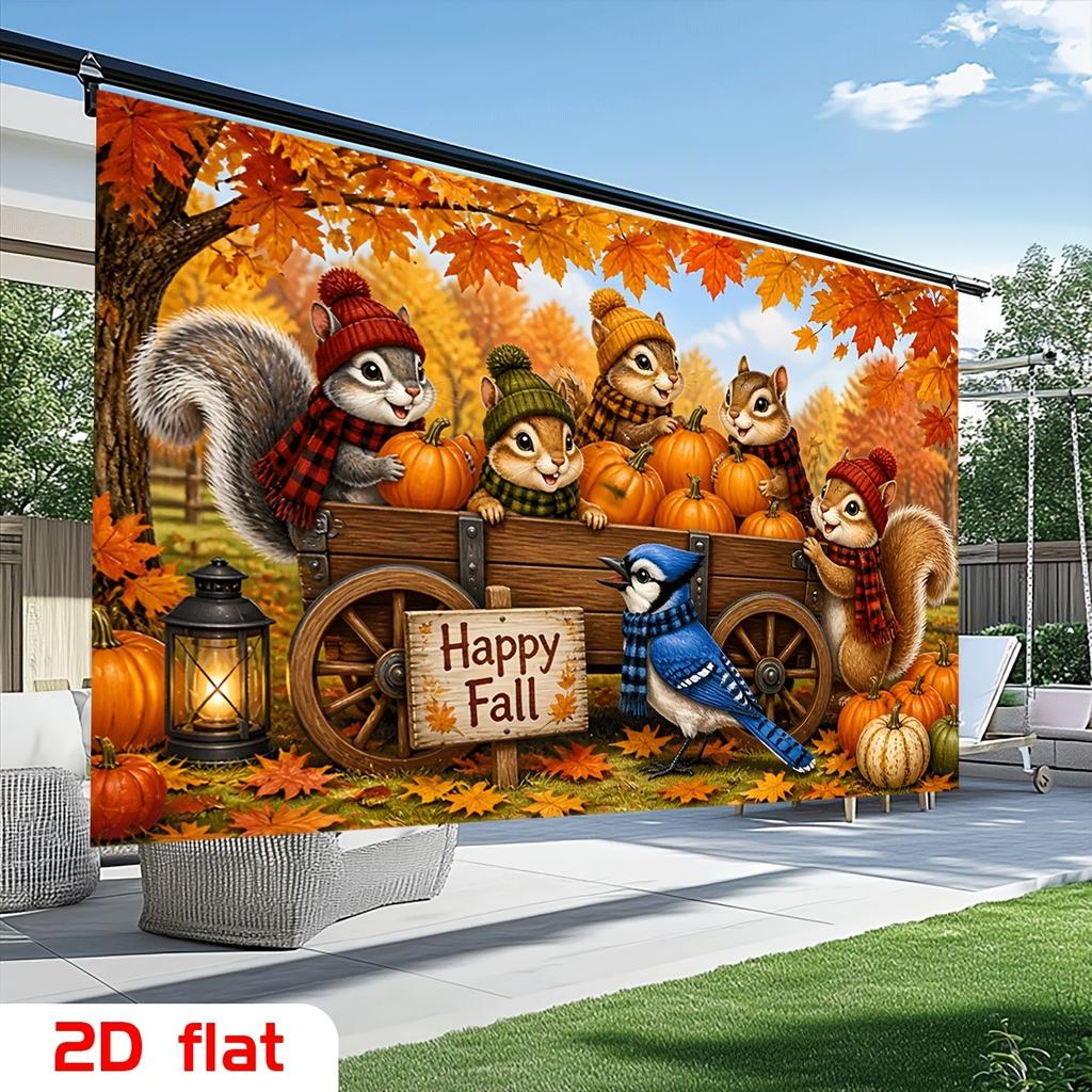 2D Plane, a Fall-themed Banner, Featuring a Wooden Carriage and Cartoon Squirrels