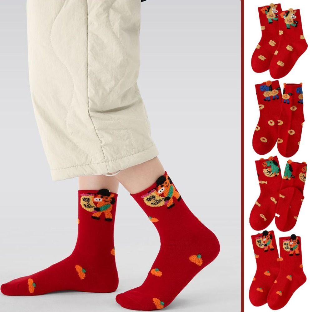 5 Pares Meia Cano Médio Ano Novo Chinês Meias Desenho Cavalo Vermelho Meias de Algodão Roupa de Inverno