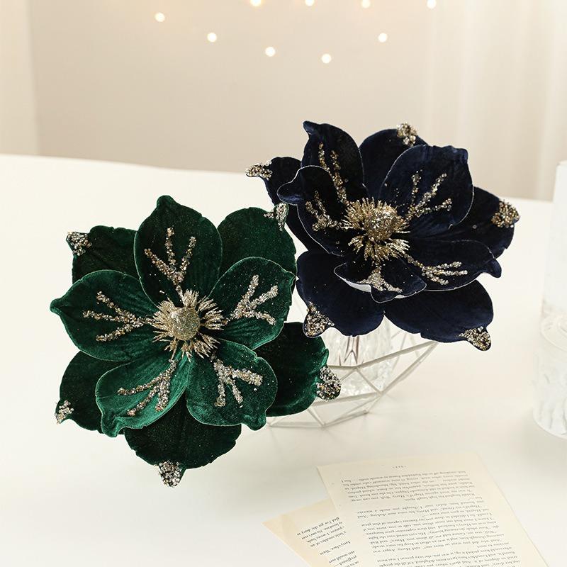 New 24CM sticky powder flocked Christmas flower magnolia flower high-end light luxury fabric Christmas decoration simulation flower