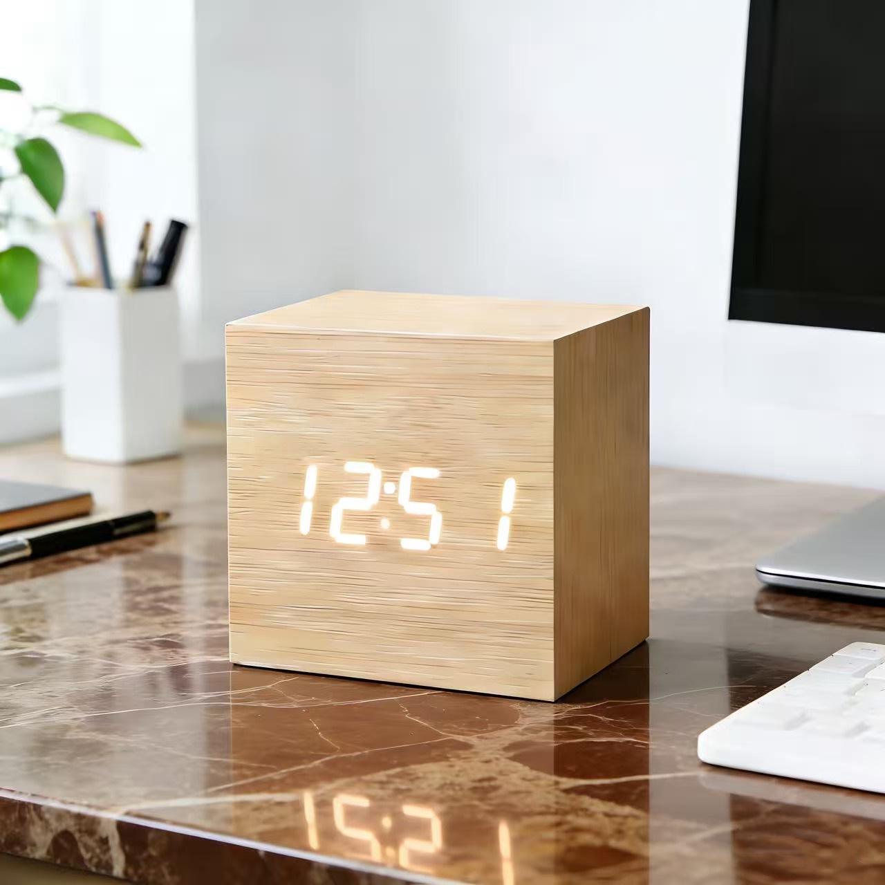 Creative LED Wooden Clock with Thermometer - Mini Square Digital Alarm Clock for Bedside