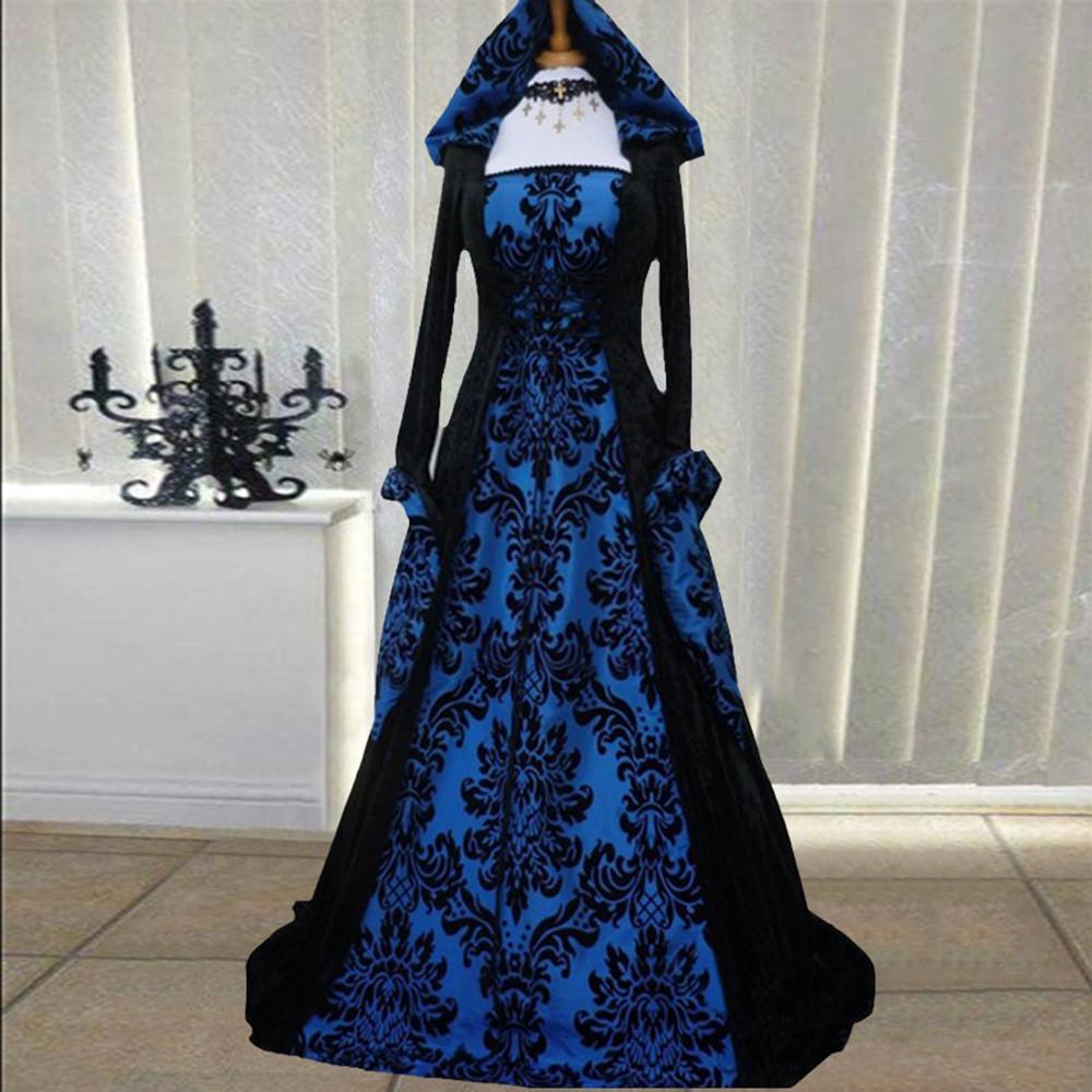 Long Hooded Sleeved Dress Draw In Waist Printed Court Skirt Cosplay Costume