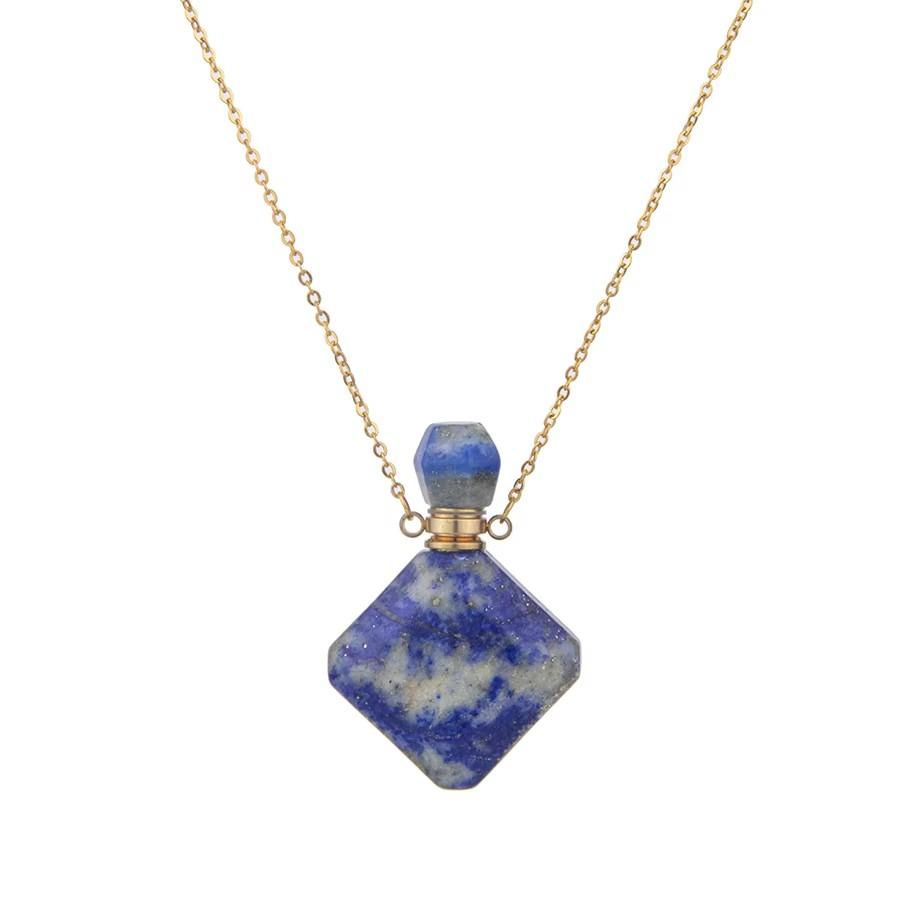 Natural crystal rhombus perfume bottle pendant necklace aromatherapy healing gemstone stainless steel necklace for women