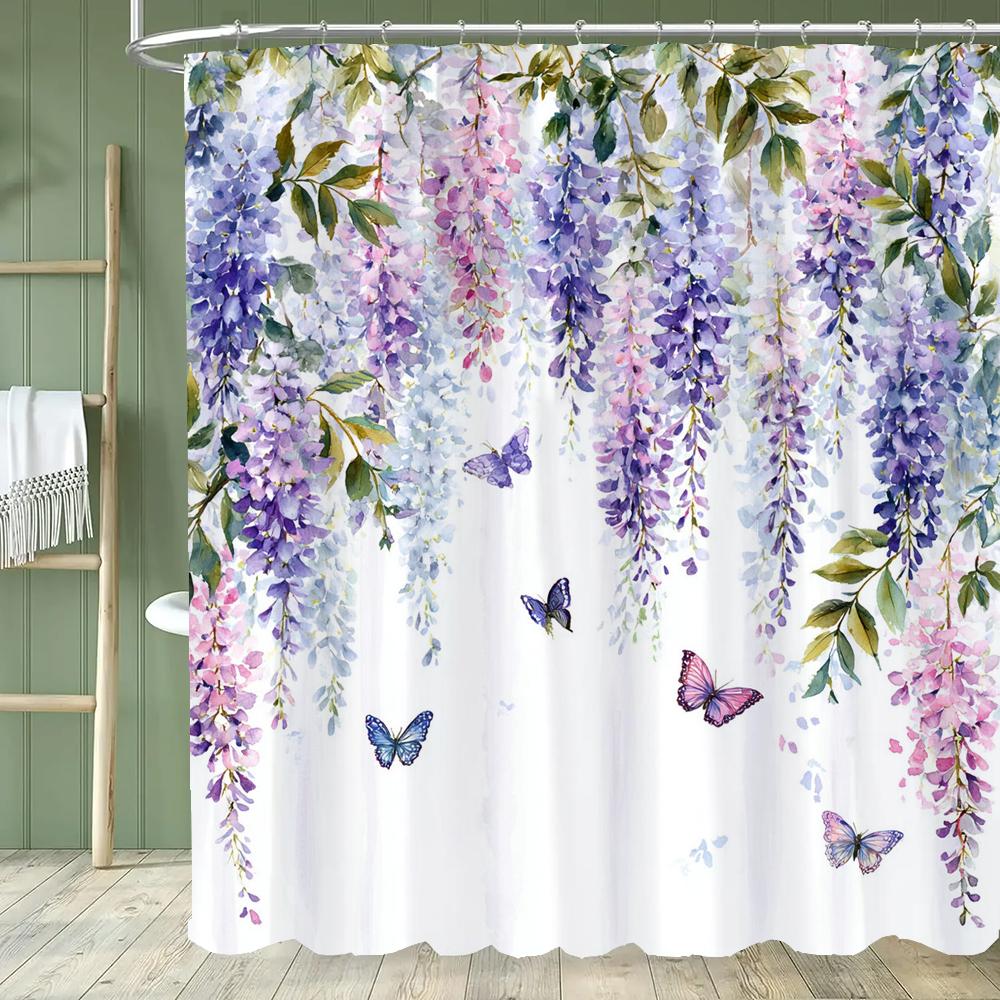 

1Pc Purple Flower Printed Waterproof Shower Curtain With 12 Plastic Hooks, Bathroom Divider, Bathroom Decor Window Curtain W60H190(CM)-1 Pcs