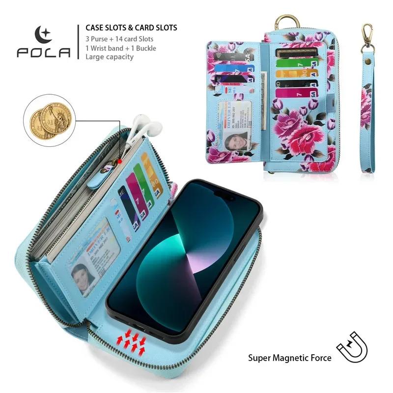 Magnetic Lanyard Leather Zipper Wallet Card Phone Case for iPhone 17 Air 16 15 Pro Max 14 Plus 13 12 11 XS XR X Flip Stand Cover