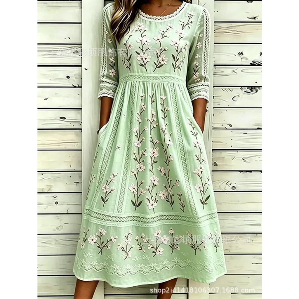 Women's Crew Neck Long Sleeve Loose Fit A-Line Midi Dress Casual 3D Floral Print