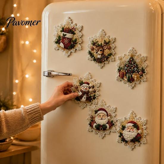 Holiday Home Decorations 6Pcs/Set Fridge Magnets Faux Pearl Art Kit, Christmas Snowman Tree Santa DIY Kits Magnets, Mosaic Refrigerator Decorative for