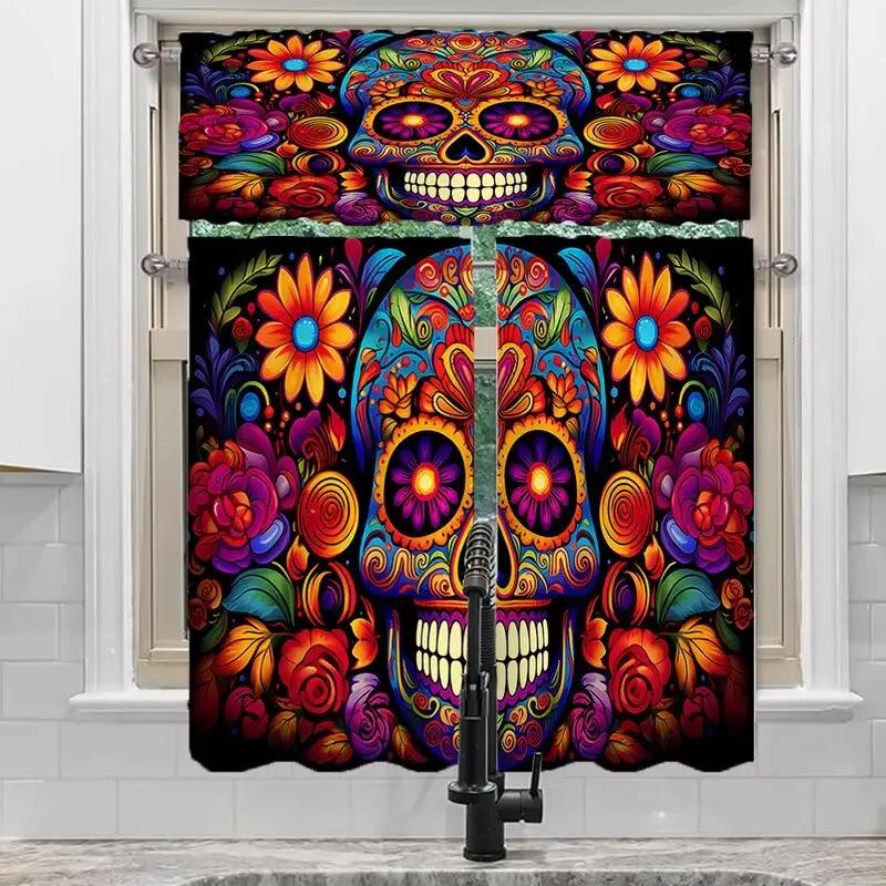 Halloween Skull and Flower Pattern Printed Curtains   Window Decorations   Home Decorations   Room Decorations