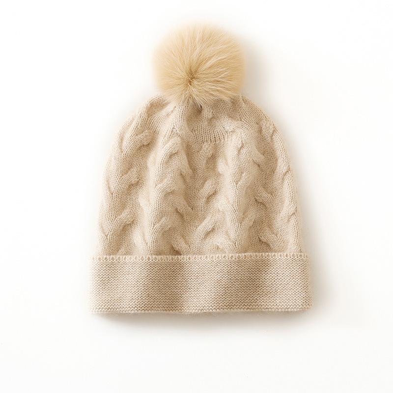 Cashmere Autumn and Winter New Style Women's High End Solid Color Cable Fur Ball Thickened Warm Fashion Knitted Casual Hat