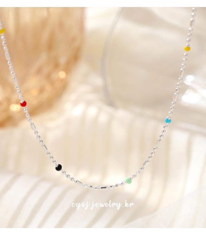 Cui Yan S925 Sterling Silver Korean Style Summer Dopamine Necklace for Women - Rainbow Bead Layered Clavicle Chain