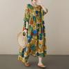 Boho dlhá sukňa letné šaty: Plus Size, Okrúhly výstrih, Krátky rukáv, pre ženy stredného a staršieho veku.