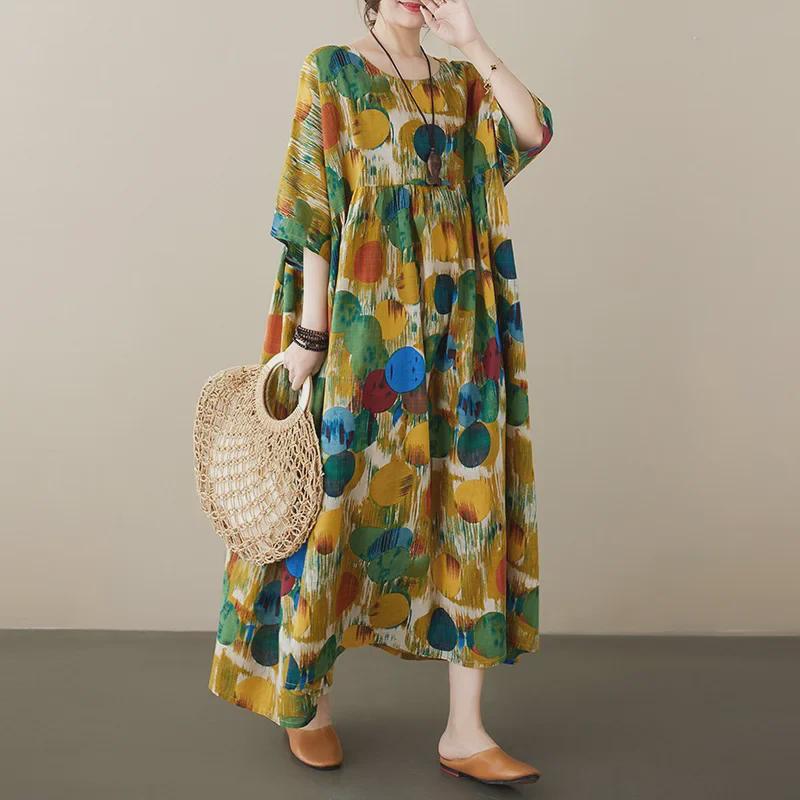 Boho dlhá sukňa letné šaty: Plus Size, Okrúhly výstrih, Krátky rukáv, pre ženy stredného a staršieho veku.