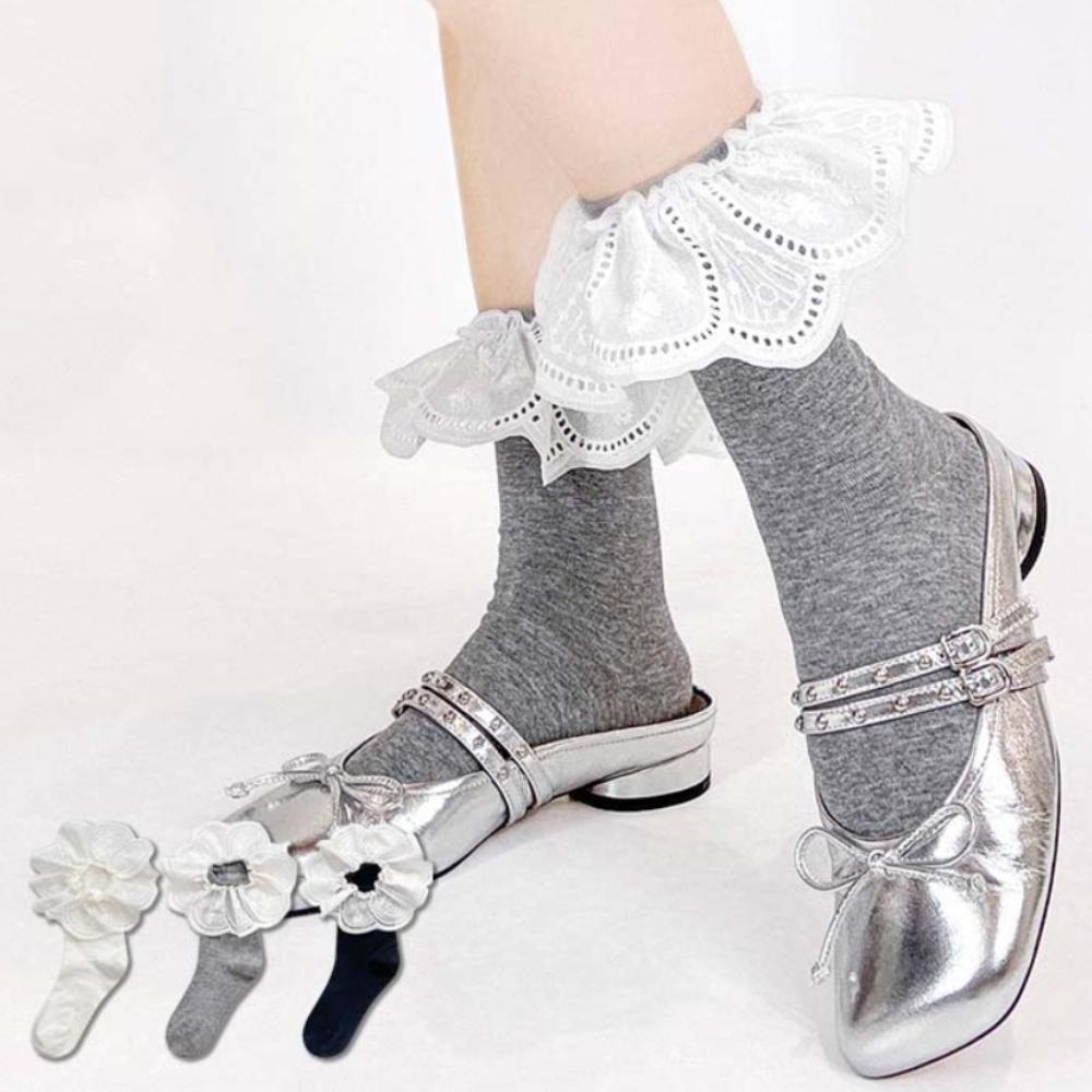 White Embroidered Ruffle Socks Mid Tube Short Sock Elastic Women Hosiery  Outdoor