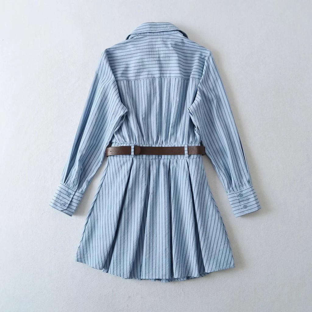 2025 Retro Sweet Spicy Striped Dress with Waistband and Pleated Skirt