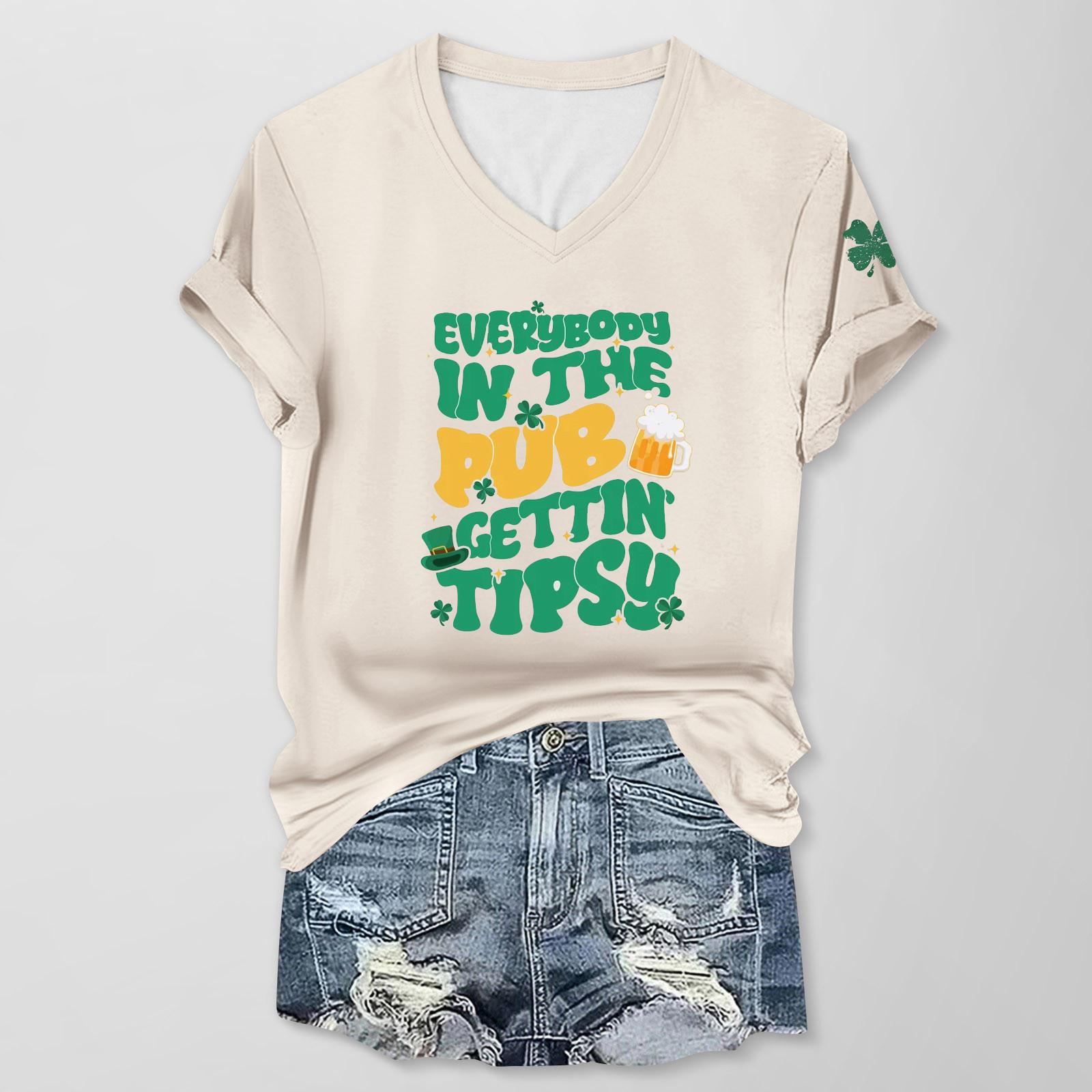 

Женская повседневная одежда St. Футболка с короткими рукавами и V-образным вырезом с принтом Патрика L хаки