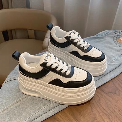 7CM PU Leather Women Black White Chunky Sneakers Ins Women Autumn White Hidden High Heels Platform Wedge Shoes Sneaker
