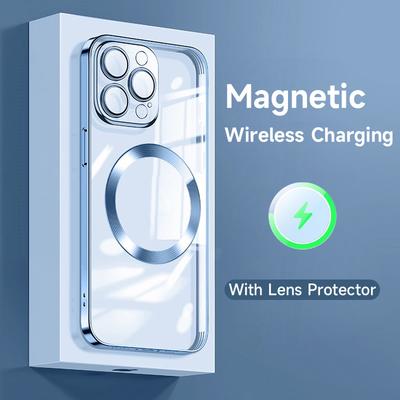 Luxusný priehľadný silikónový kryt s magnetickým bezdrôtovým nabíjaním pre iPhone 13 12 11 14 Pro Max s ochrannou fóliou na objektív, mäkký kryt