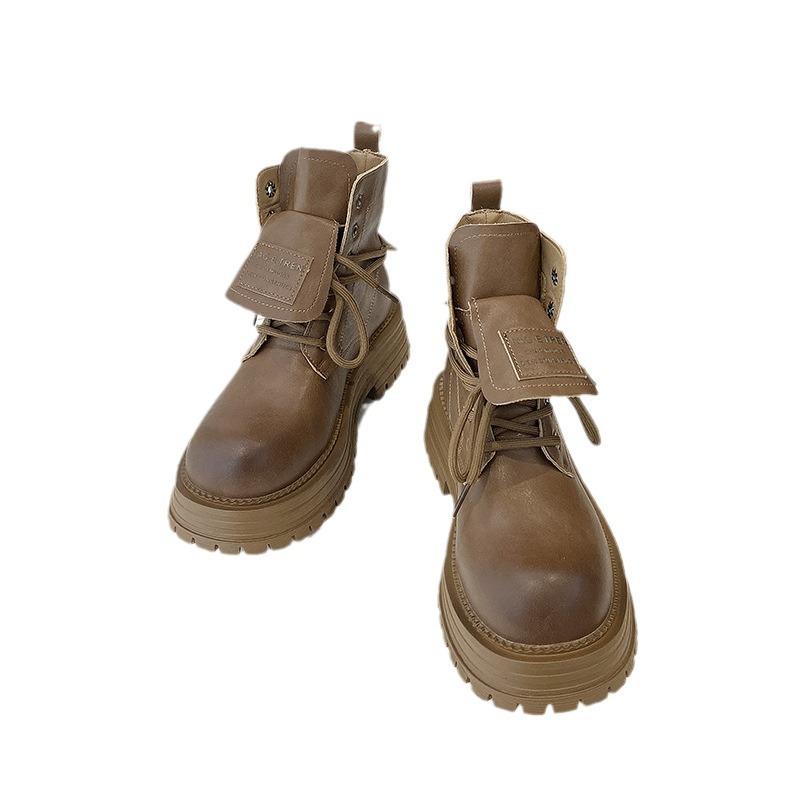 Martin boots women's British style 2025 autumn new letter lapel tooling locomotive boots lace-up thick-soled big yellow boots