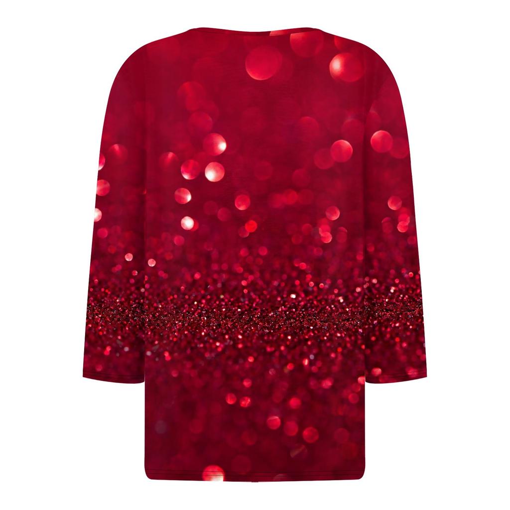 Dámské tričko s vánočním potiskem, knoflíky a 3/4 rukávem, pro každodenní nošení i na víkend, módní základní kousek s výstřihem do V, běžného střihu