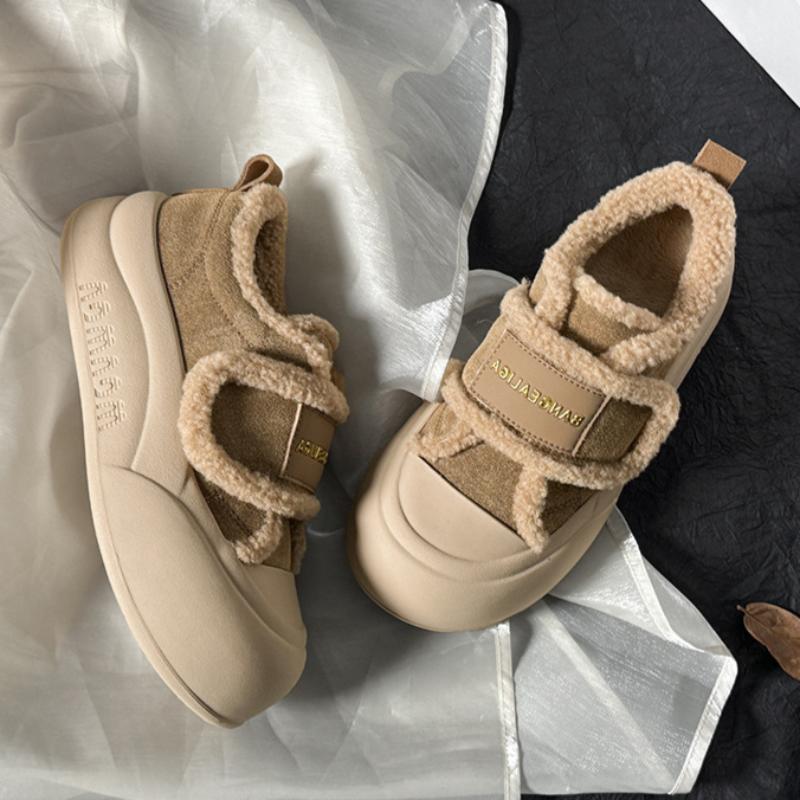 Genuine Leather and Velvet Loafers for Women Winter Velcro Retro Sneakers Thick-soled White Shoes All-match Shoes