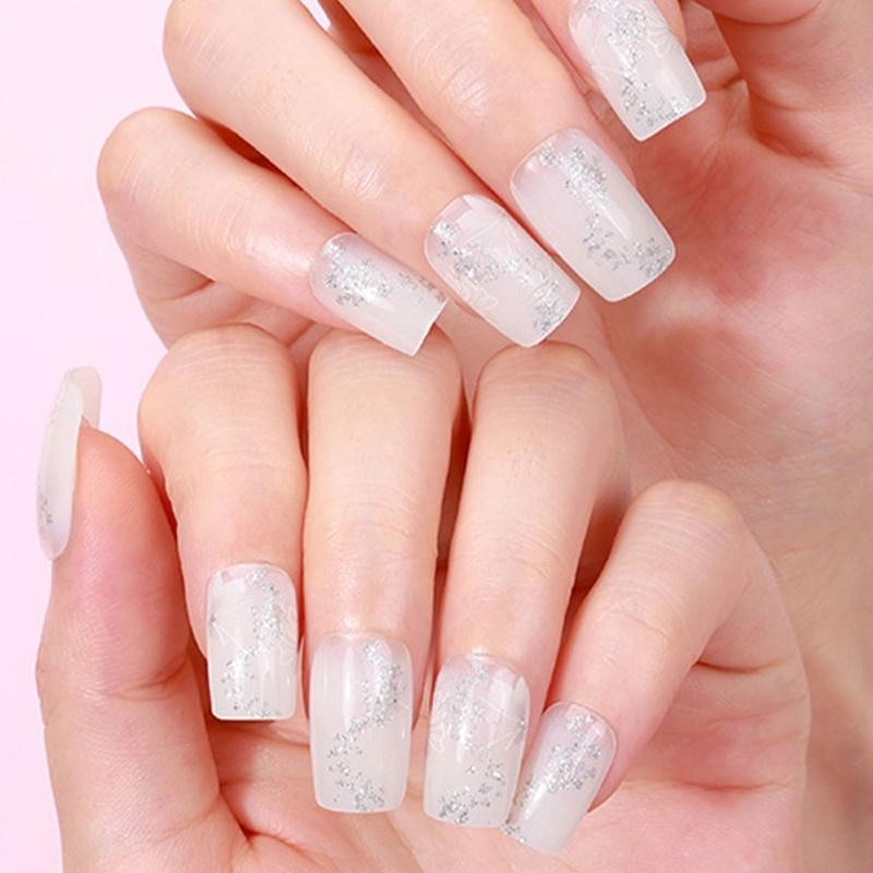 Gel Nail Stickers Full Cover Self Adhesive French Manicure Strips Quick Apply No UV Light Required with Nail File Stick