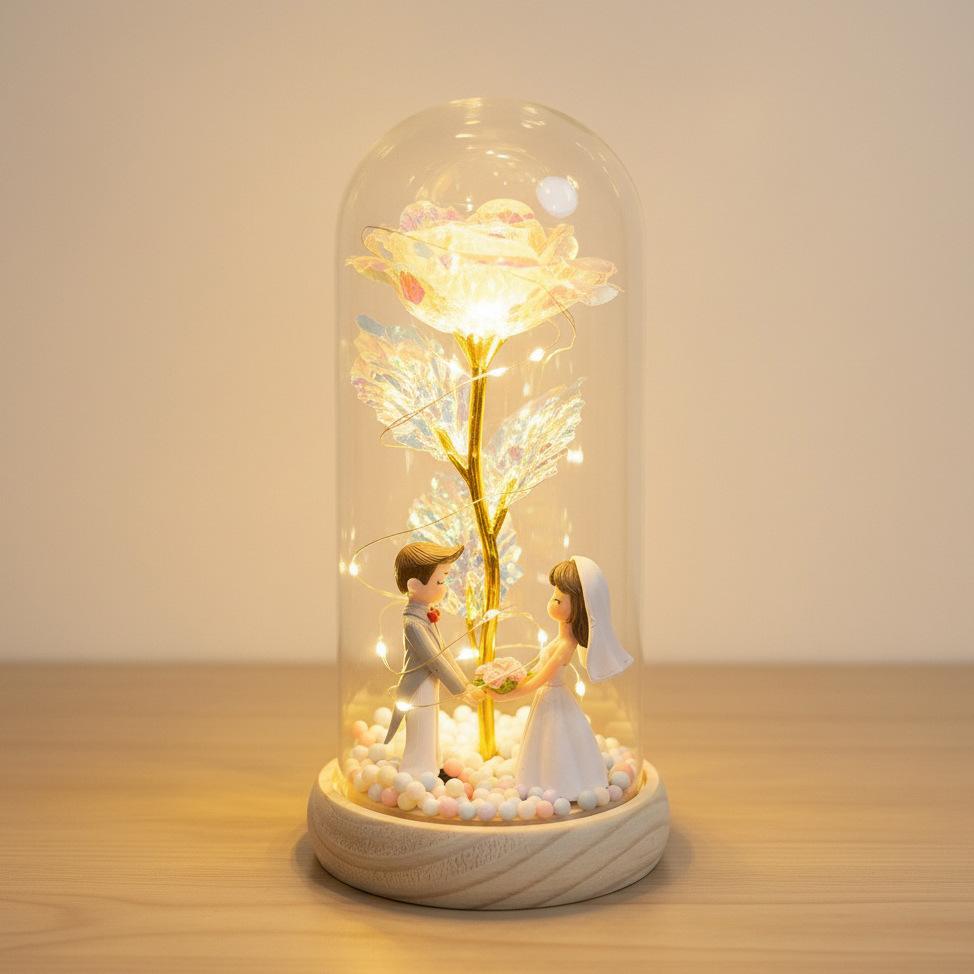 Couple Simulation Rose Eternal Flower Ornament Glass Cover Mother's Day Qixi Festival Valentine's Day Gift Night Light