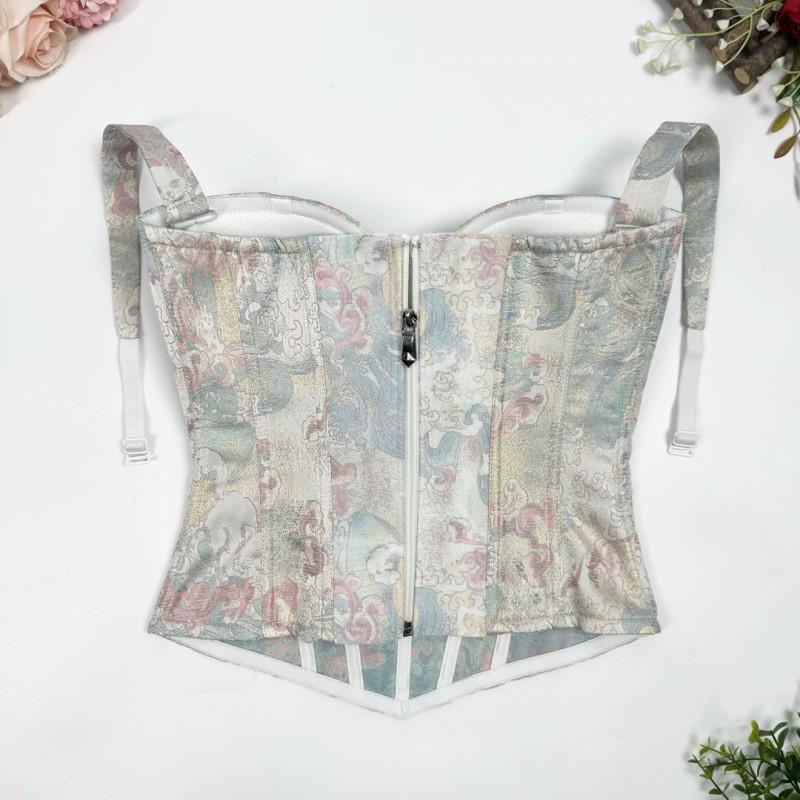 New Chinese Style Oil Painting Jacquard Shapewear Women Back Zipper Waist Slimming Daily Wear