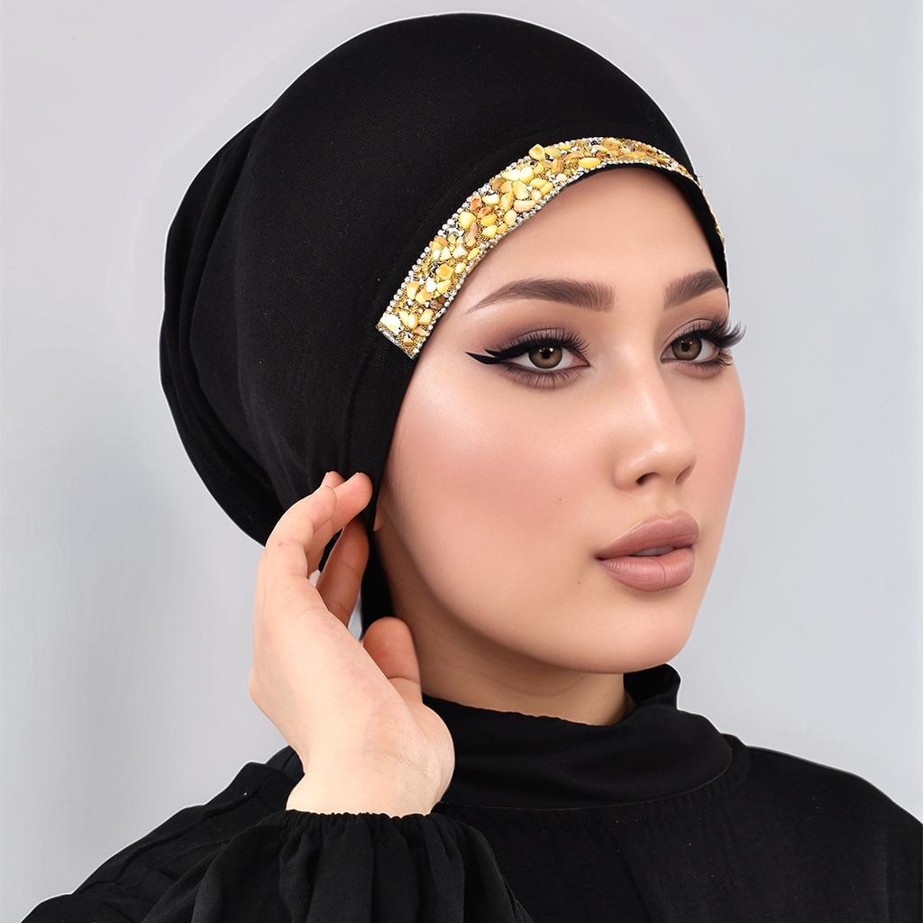 Muslimische Schlauchmützen Damen Weiche Premium Jersey Unterkappen Glänzender Strass Innerer Hijab Diamant Einlage Turban Offene Mützen Islam Ramadan