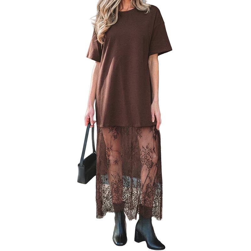 2025 Summer European & American Women's Lace Patchwork Short Sleeve Long Dress
