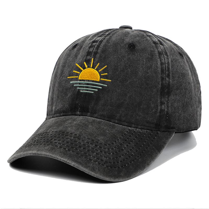 Unisex Vintage Washed Baseball Cap - Embroidered Beach Sunrise, Breathable & Sun Protective for Summer Outdoor Activities