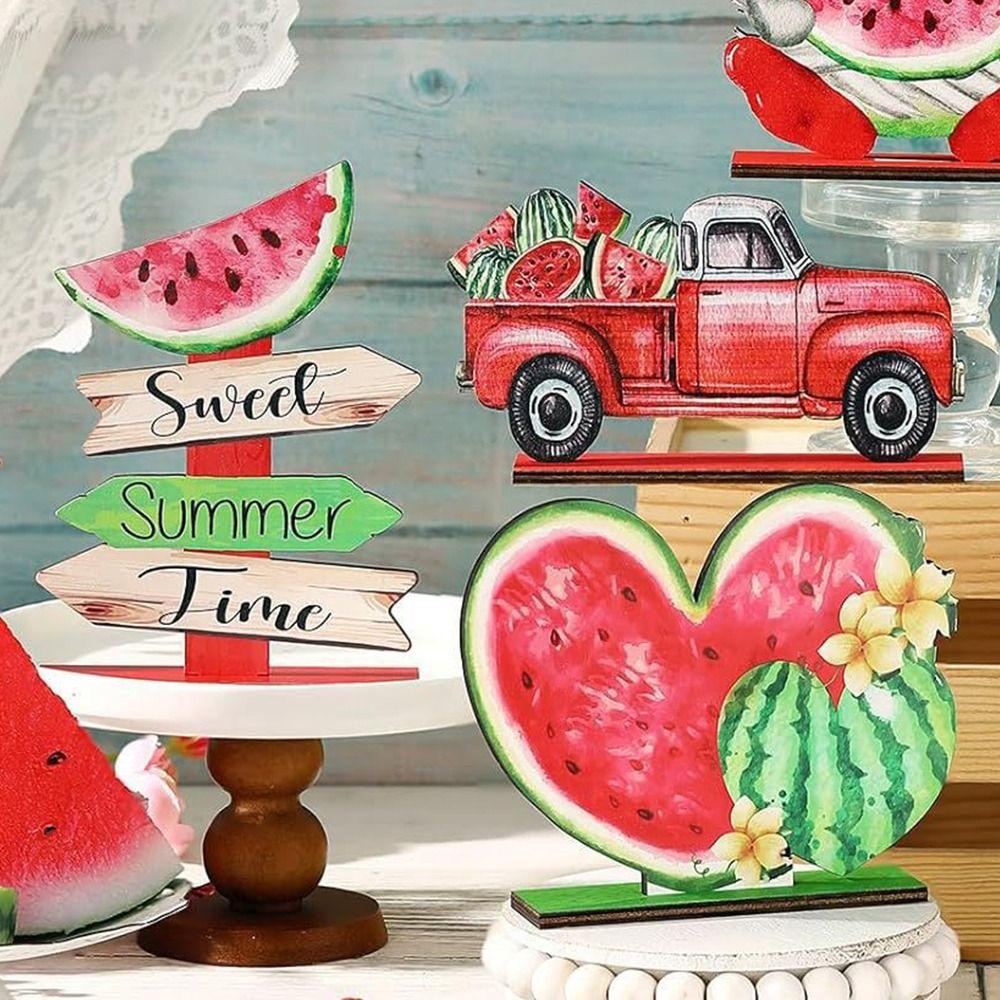 Red Green Summer Watermelon Ornaments Funny Handmade Wooden Watermelon Sign Unique Dwarf Fruit Desktop Ornaments Living Room