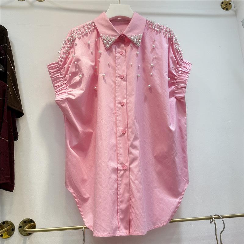 

Жемчужные бусины Стежок Блузки с коротким рукавом Рубашки Женские Весна Лето Свободные Повседневные Топы Блузки One Size розовый