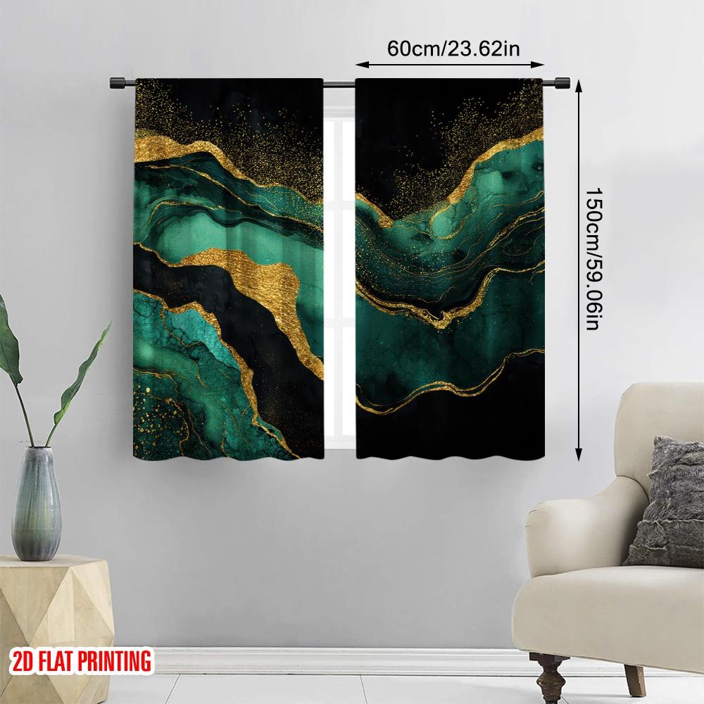 Set aus 2 flachen Druck-Partyvorhängen Smaragd Gold Marmorstruktur Polyester Ohne Strom Festliche Feiertagsnutzung Hauswand Hergestellt