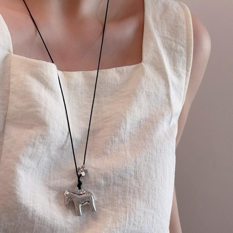 Metal Horse Pendant Necklace For Women Simple Adjustable Long Rope Sweater Chain  Versatile Accessories