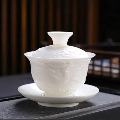 Biały porcelanowy zestaw do herbaty Kung Fu Biały jadeitowy reliefowy waza Ceramiczny prezent biznesowy Proste przenośne kubki smoka i feniksa Gaiwan