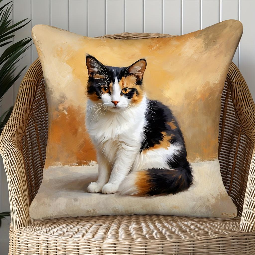 1Pc Oil Painting Calico Cat Printed Throw Pillow Cover, Suitable For Sofa, Bedroom, Living Room, An Elegant Gift For Cat Lovers.