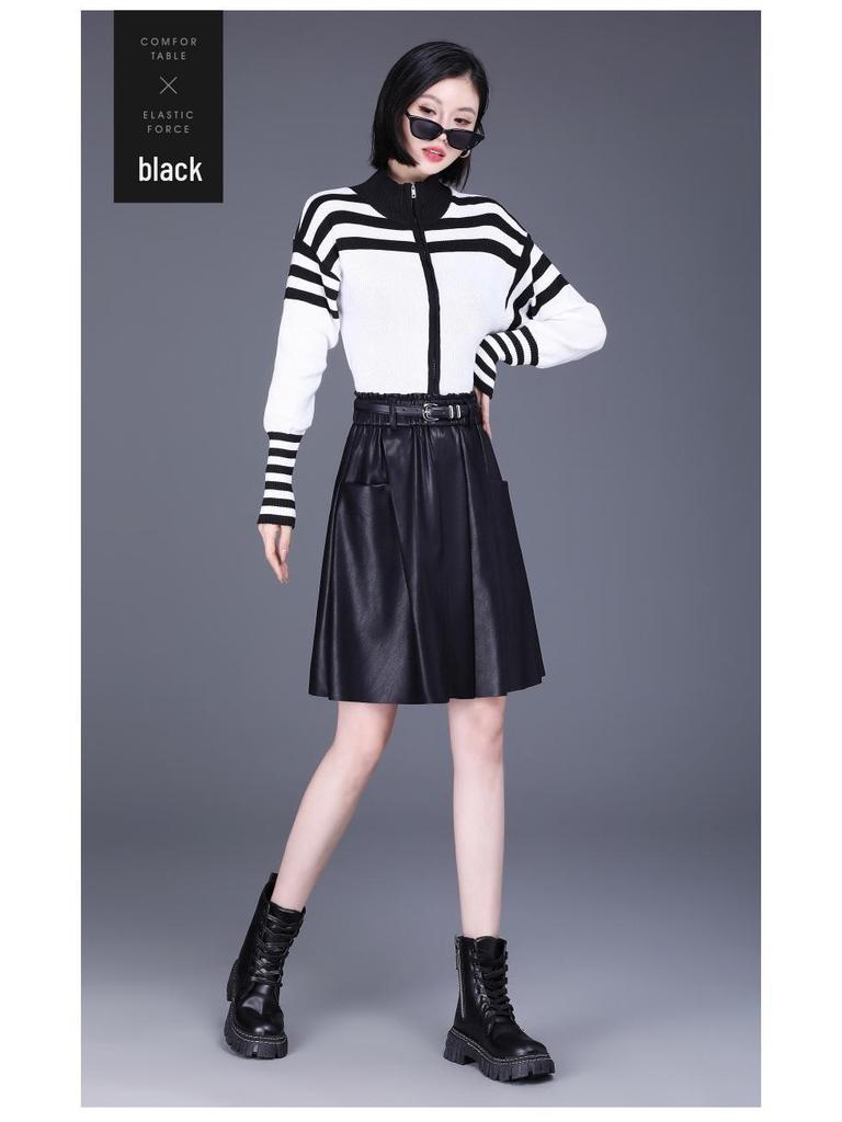 High-Waisted A-Line Leather Skirt for Women, Autumn/Winter, Pleated Lambskin Midi Skirt, Age-Defying & Classic Design