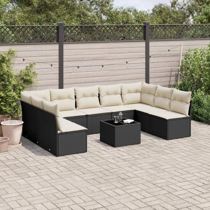 VidaXL Salon de Jardin avec Coussins 10 pcs, Canapés de Terrasse, Ensemble de Meubles de Patio, Mobilier d'Extérieur, Noir 3218076