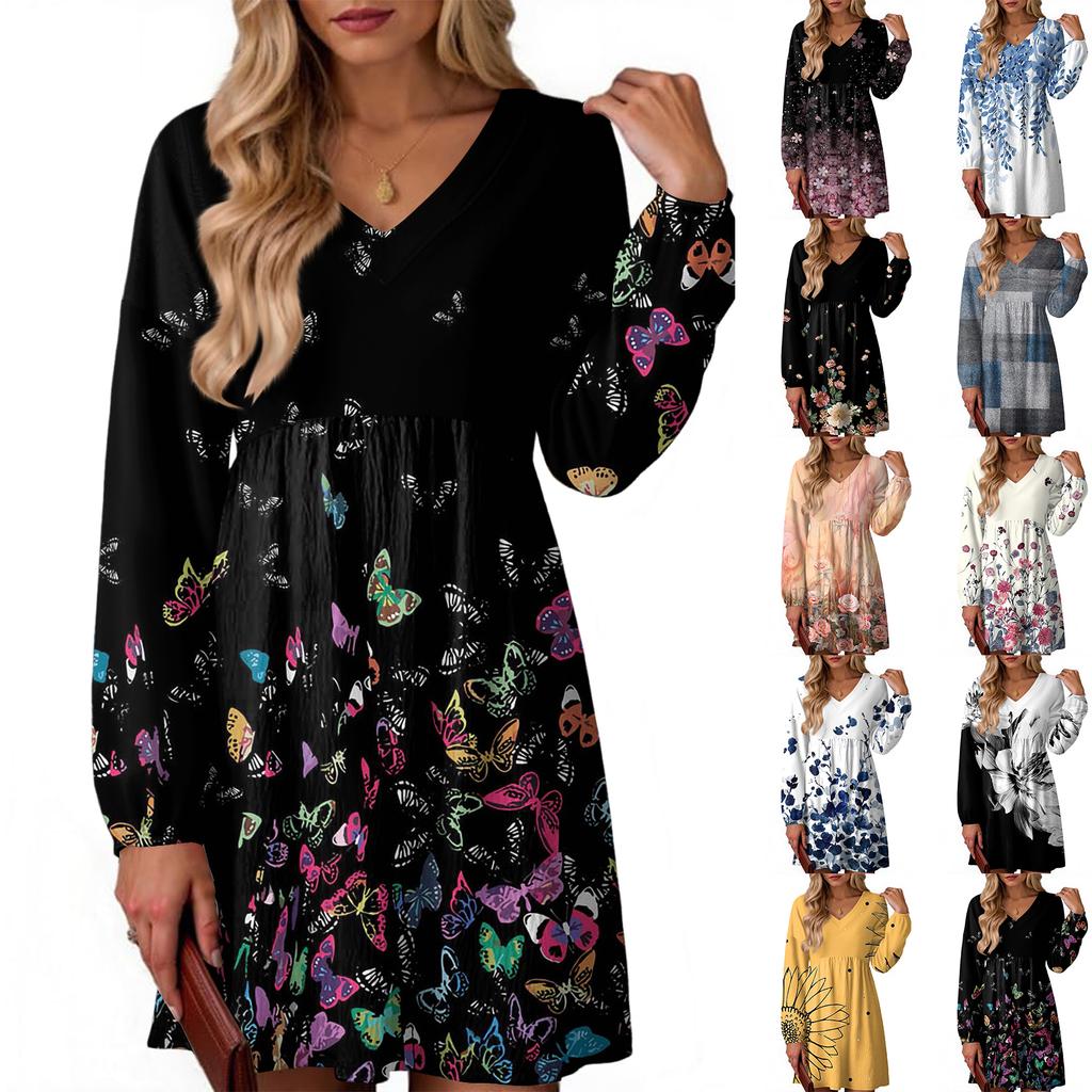 Women's Fashion Floral Print V-Neck Long Sleeve Dress