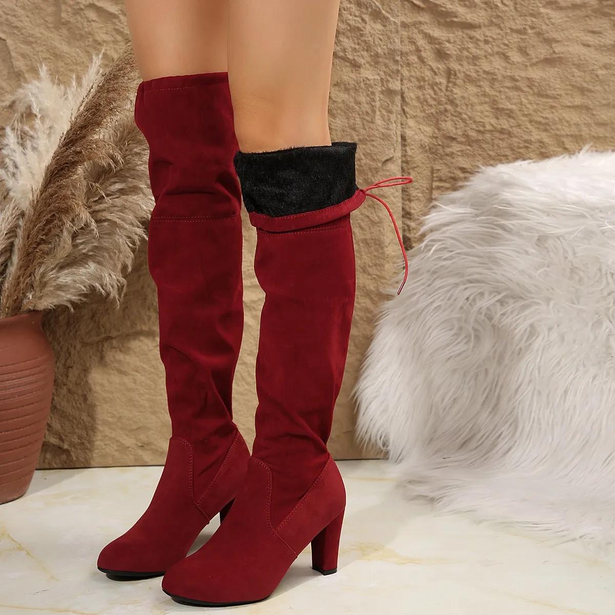 Elegant Grey Faux Suede Over-the-Knee Boots Woman Warm Plush Thigh High Botas Ladies Point Toe High Heel Lace-up Long Shoes 35 3765₽