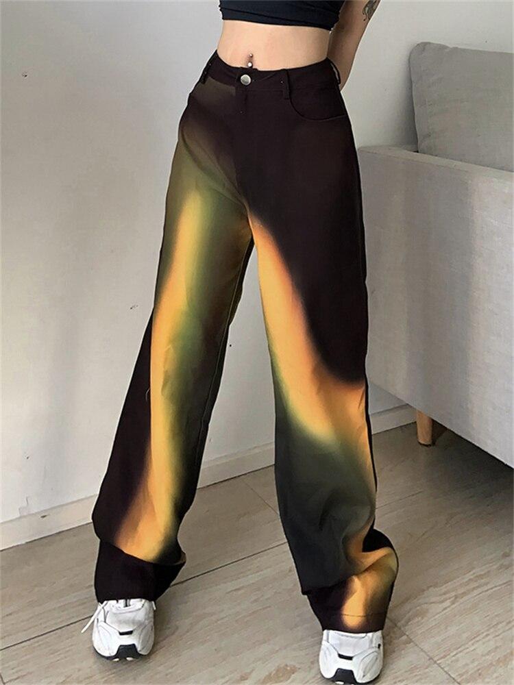 

Y2K Girl Vintage Tie Dye Женские брюки Модные градиентные брюки с радужным принтом Свободные повседневные брюки с высокой талией в стиле хип-хоп Уличная одежда Джинсы S коричневый
