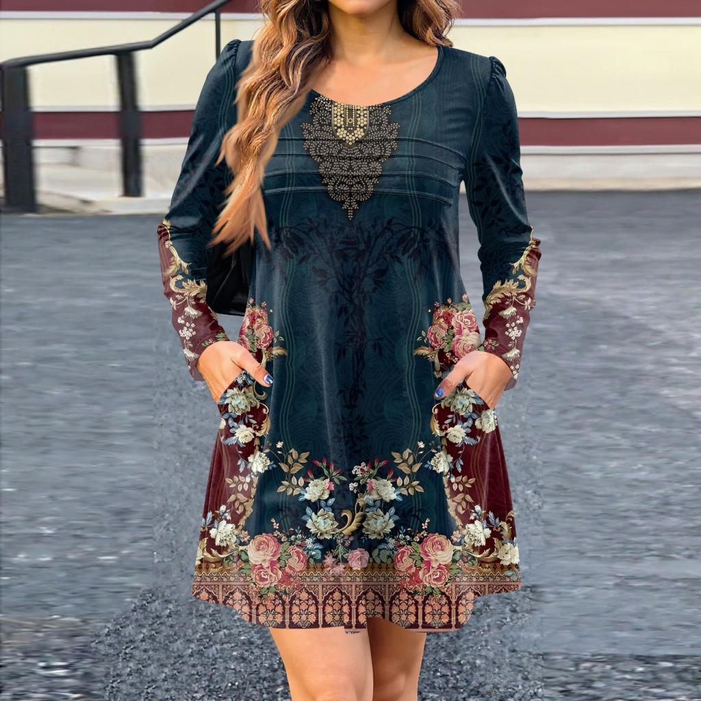 Damklänning med lång ärm Höst Casual T-shirt Lös passform Plisserad framsida Klänningar med fickor