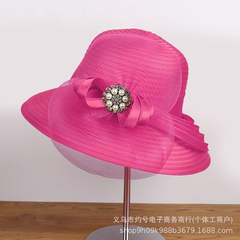 New flower mesh gauze hat women's spring and summer face covering sunscreen basin hat British retro sunshade elegant bow bucket hat
