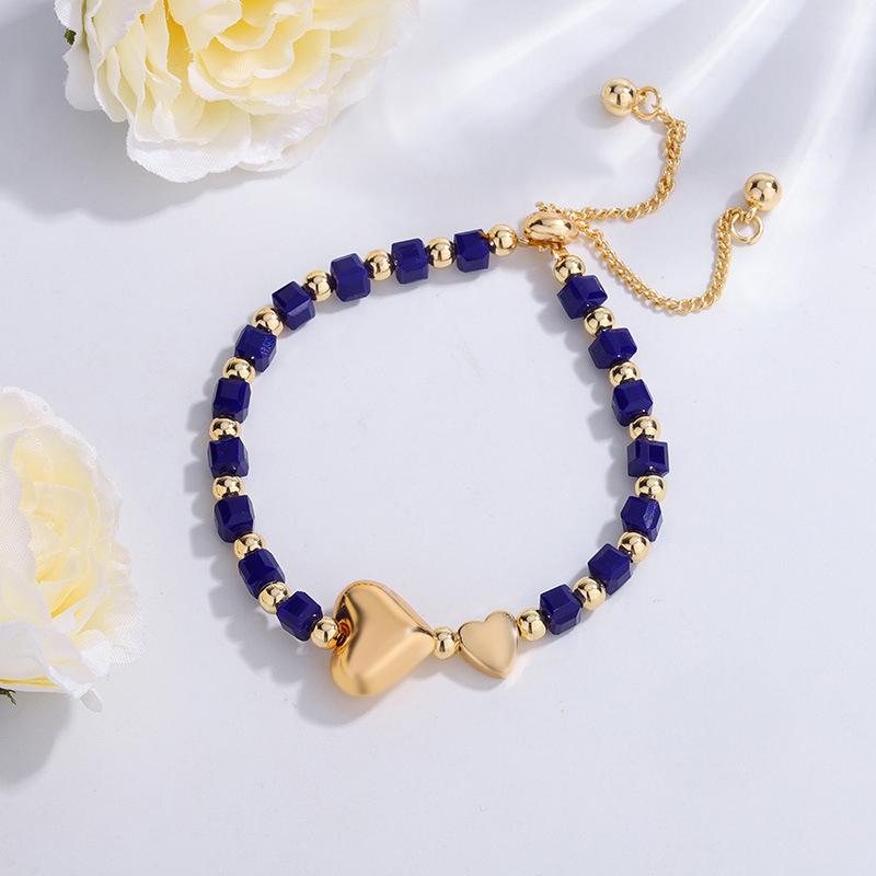Copper Gold Plated Heart & Artificial Crystal Bead Elastic Bracelet for Women