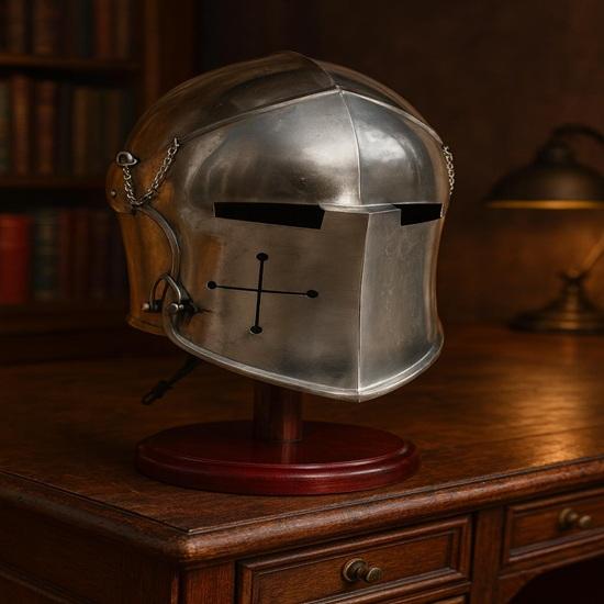 Silver Barbuda Helmet Medieval Knight Role Play Helmet With Stand Liner And Chin Strap Gift Halloween