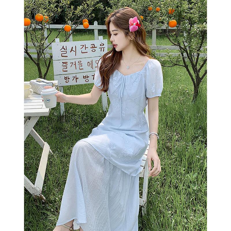 Summer Elegant Embroidered A-Line Dress with Double-Layer Hem